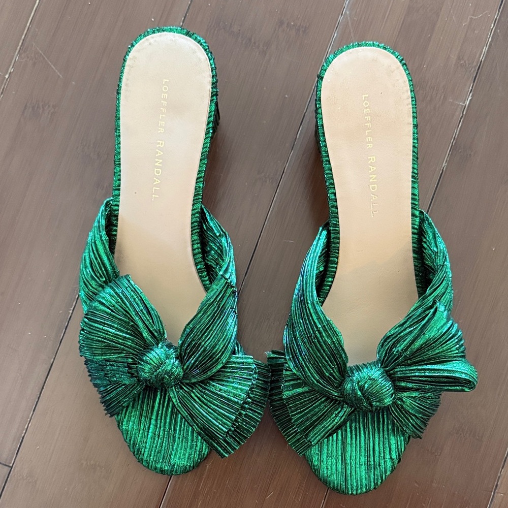 Like New Loeffler Randall Emilia Emerald Green Bow Mules